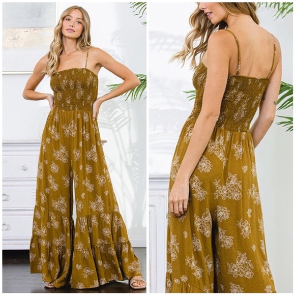 Only 1 Left: NWT Ces Femme Trendy Wide Leg Camel Boho Jumpsuit, 100% Rayon, Med - Picture 2 of 16